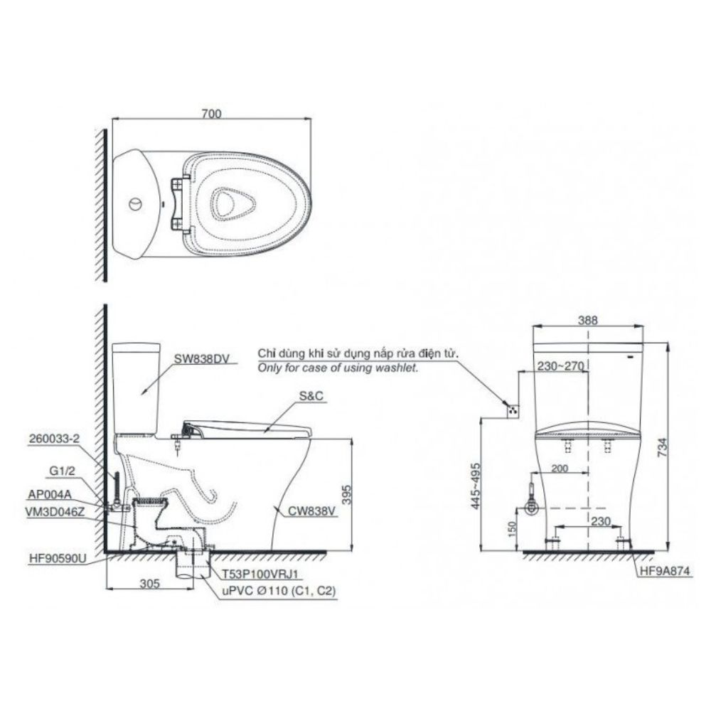 Bồn cầu TOTO CS838DW25 2 khối nắp điện tử Washlet S5 TCF34461GAA