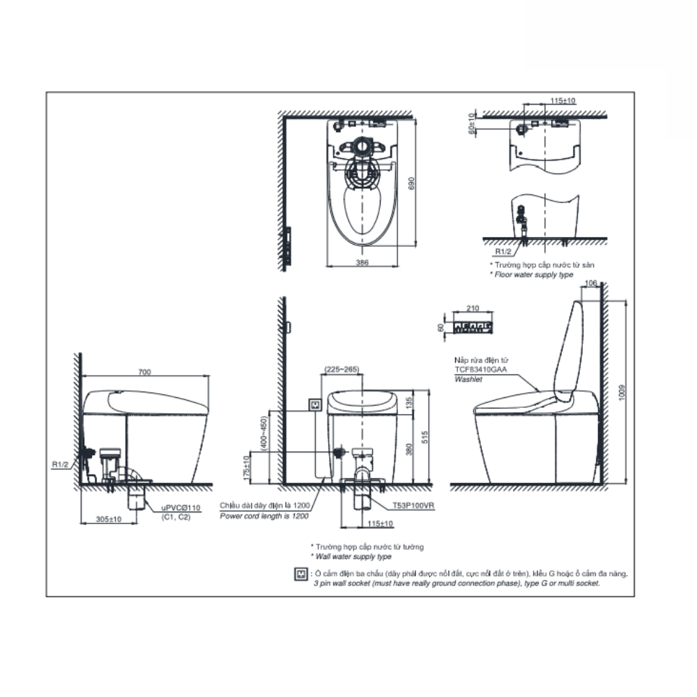 Bản vẽ kỹ thuật bồn cầu thông minh Neorest AS TOTO CS921VT/TCF85510GAA/T53P100VR