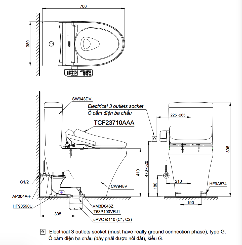 Bản vẽ kỹ thuật của bồn cầu 2 khối TOTO CS948DW18