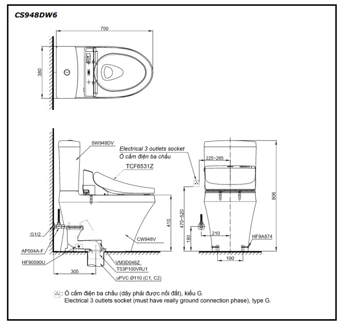 Bồn cầu 2 khối nắp rửa điện tử C5 TOTO CS948DW6