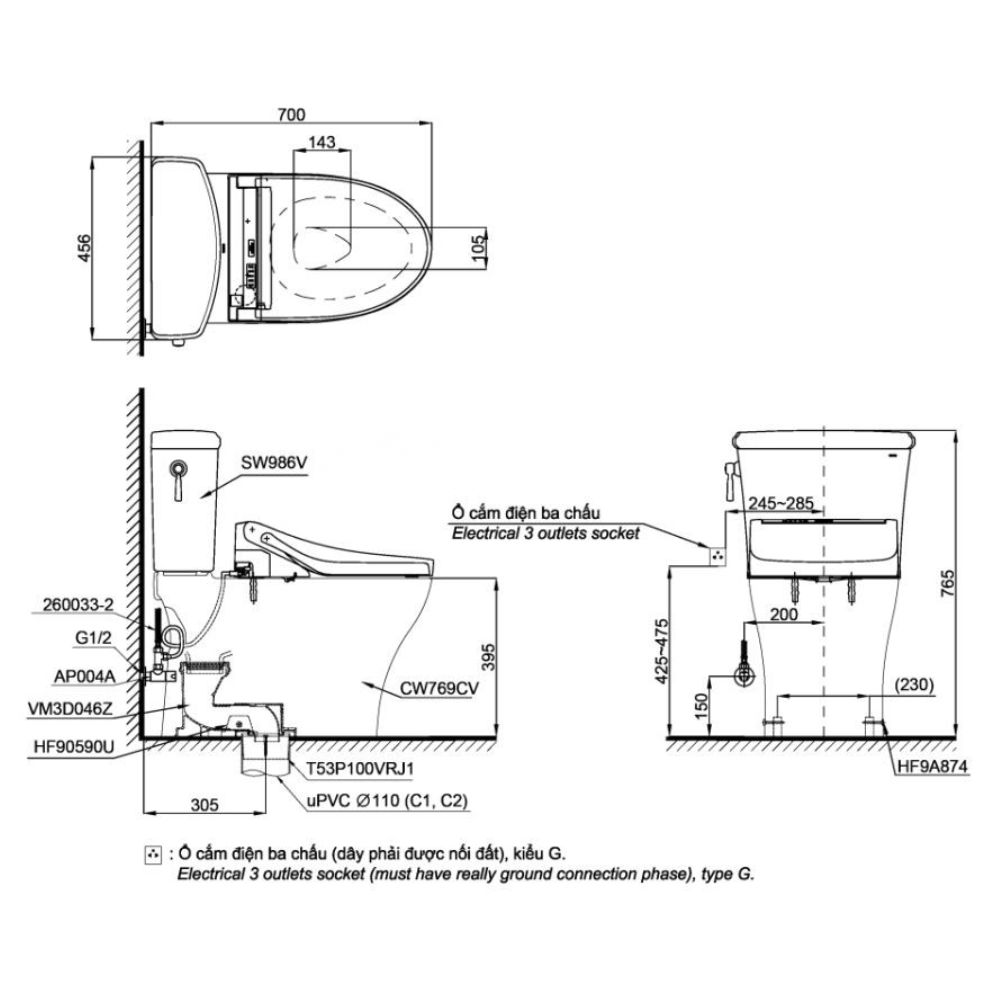 Bồn cầu TOTO CS986CGW25 2 khối nắp điện tử Washlet S5 TCF34461GAA giấu dây