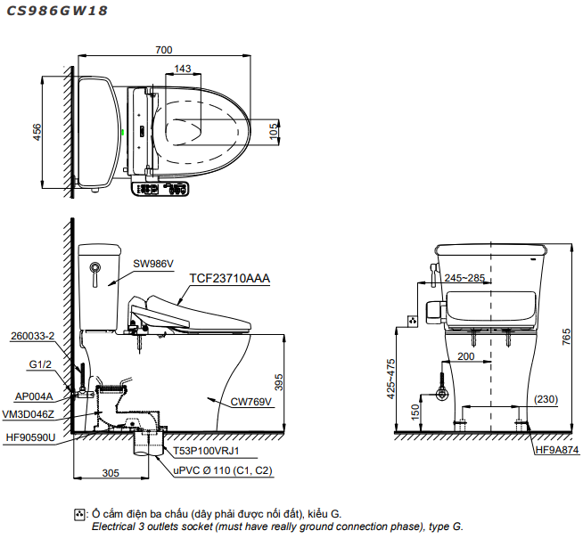 Bồn cầu TOTO CS986GW18 2 khối nắp điện tử TCF23710AAA Washlet C2 cơ bản