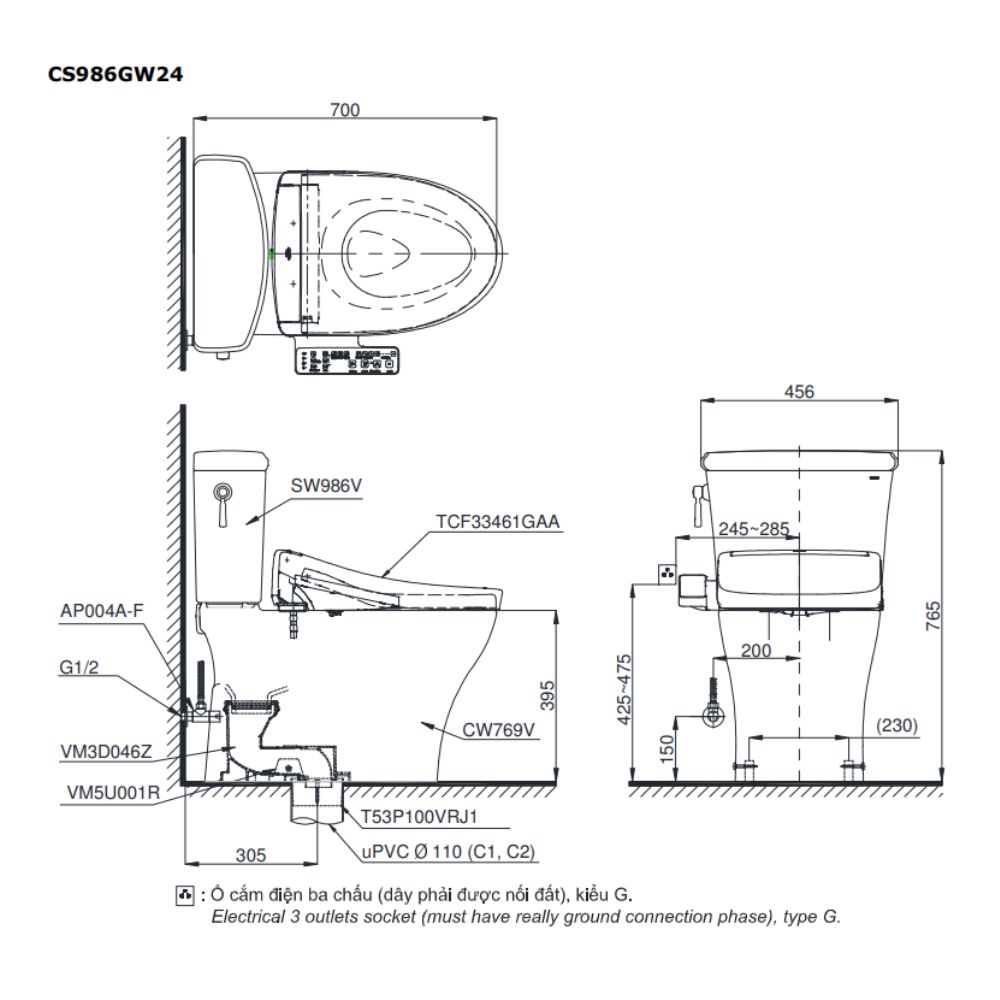 Bồn cầu TOTO CS986GW24 2 khối nắp điện tử Washlet S2 TCF33461GAA