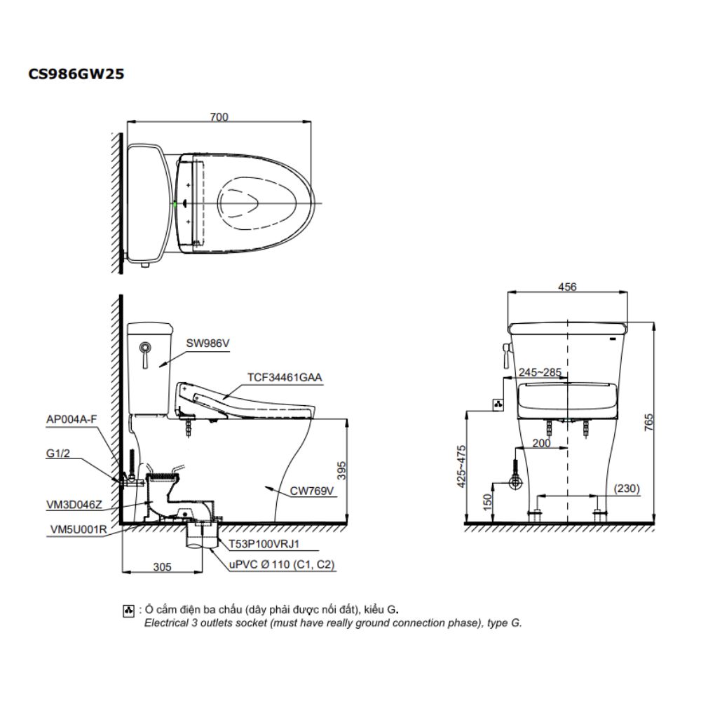 Bồn cầu TOTO CS986GW25 2 khối nắp điện tử Washlet S5 TCF34461GAA