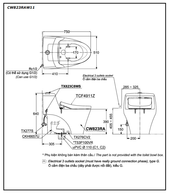 Bồn cầu TOTO CW823RAW11 T53P100VR 1 khối nắp điện tử Washlet S7 TCF4911Z