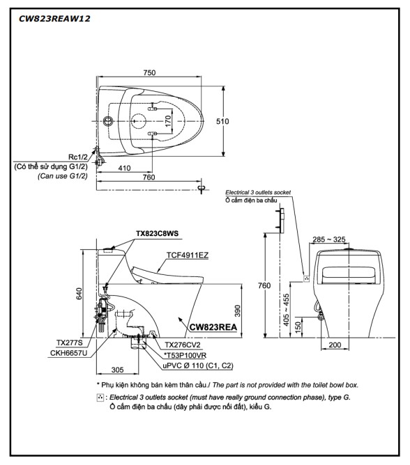 Bồn cầu TOTO CW823REAW12 T53P100VR 1 khối nắp điện tử Washlet S7 TCF4911EZ giấu dây