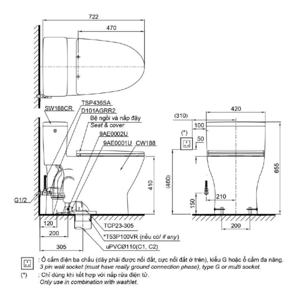 Bồn cầu TOTO MS188VKW25 1 khối nắp điện tử Washlet S5 TCF34461GAA