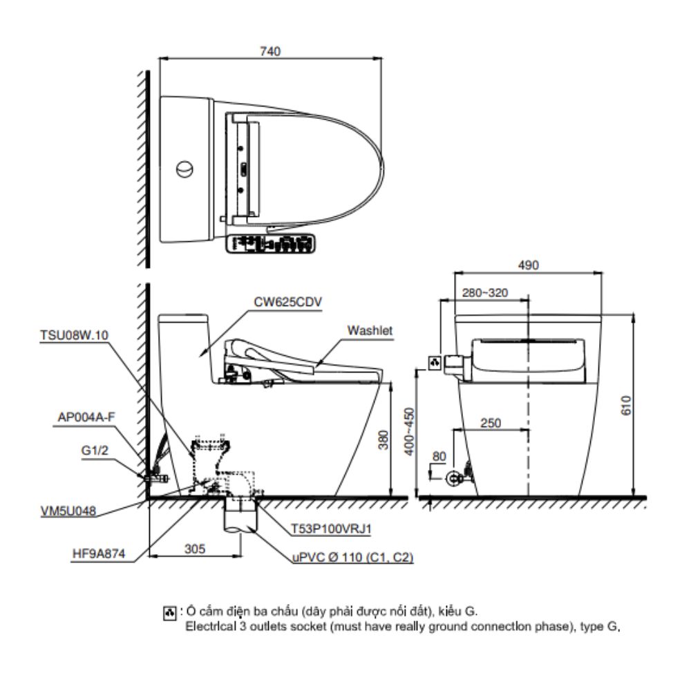 Bồn cầu TOTO MS625CDW24 1 khối nắp điện tử Washlet S2 TCF33461GAA giấu dây