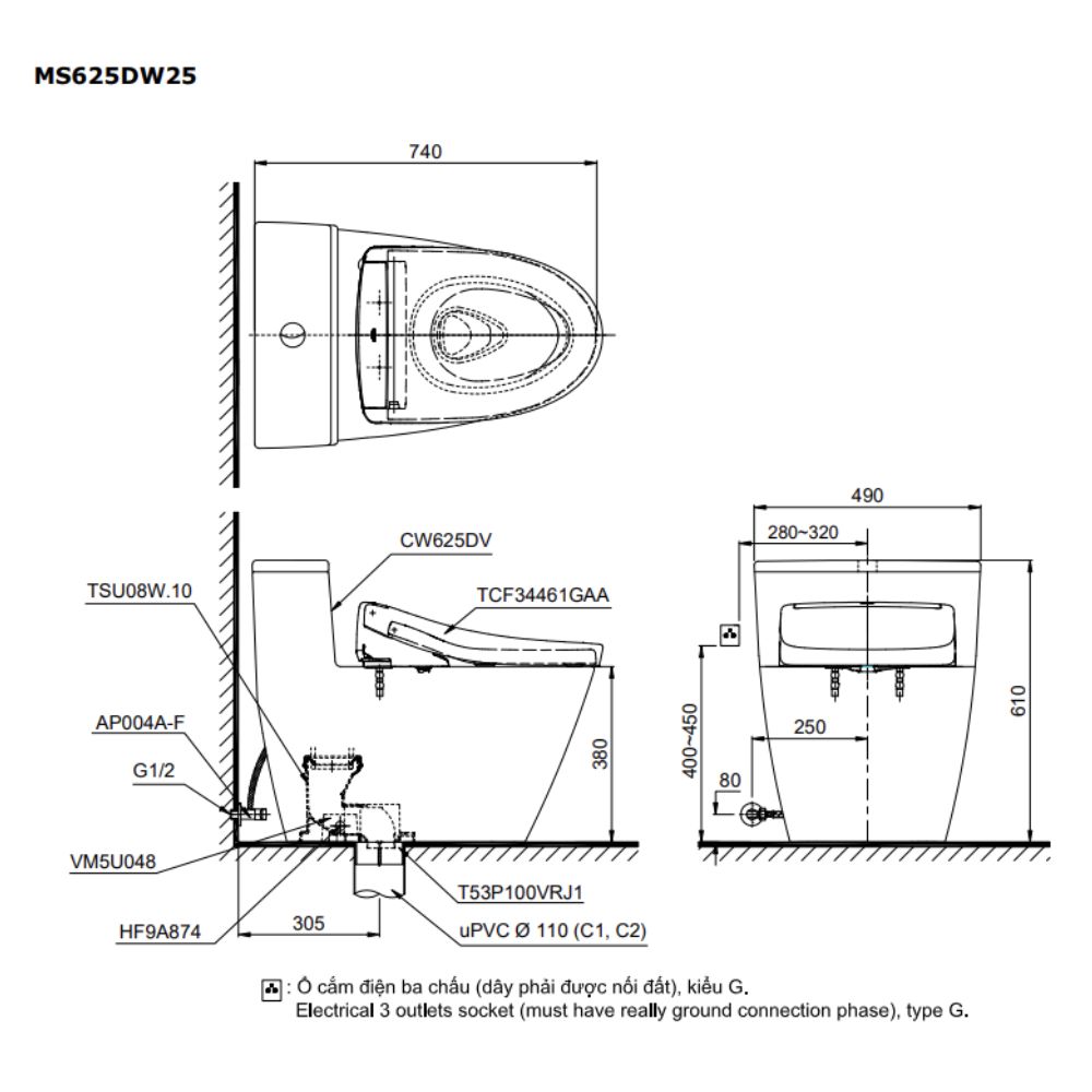 Bồn cầu TOTO MS625DW25 1 khối nắp điện tử Washlet S5 TCF34461GAA