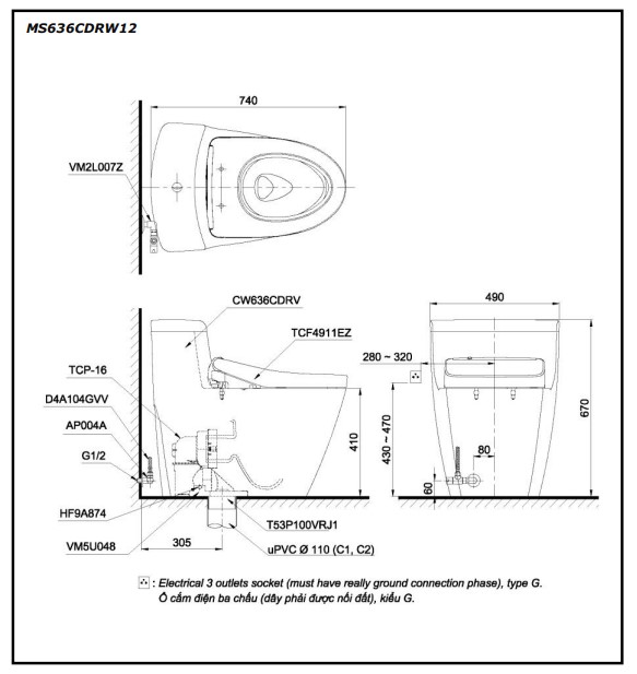 Bồn cầu TOTO MS636CDRW12 1 khối nắp điện tử Washlet S7 TCF4911EZ giấu dây