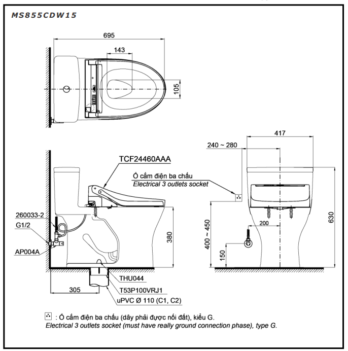 Bồn cầu TOTO MS855CDW15 1 khối nắp điện tử Washlet C5 TCF24460AAA giấu dây