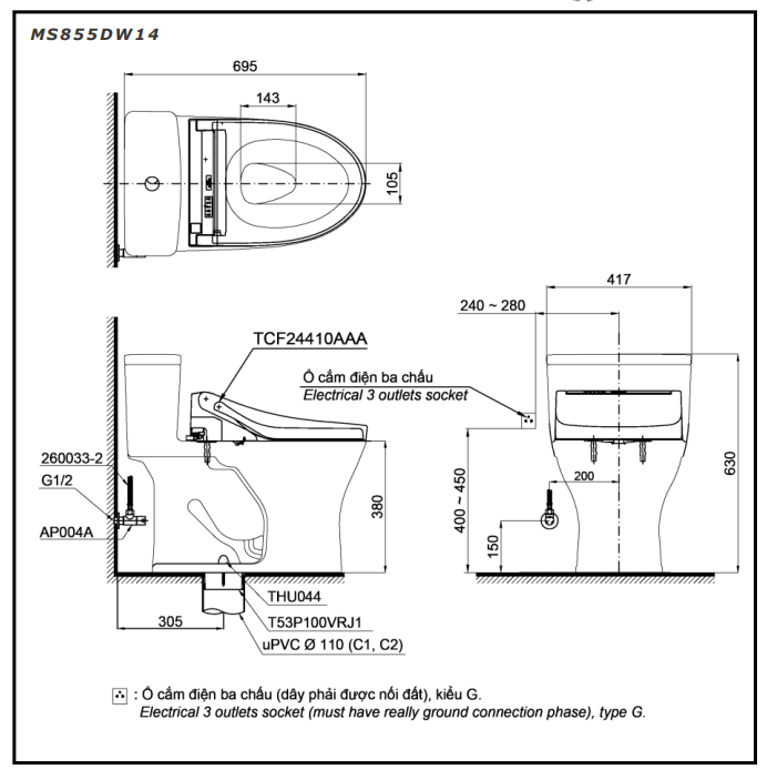 Bồn cầu TOTO MS855DW14 1 khối nắp điện tử Washlet C5 TCF24410AAA