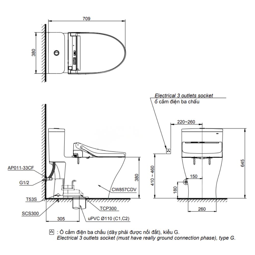 Bồn cầu TOTO MS857CDW24 1 khối nắp điện tử Washlet S2 TCF33461GAA giấu dây