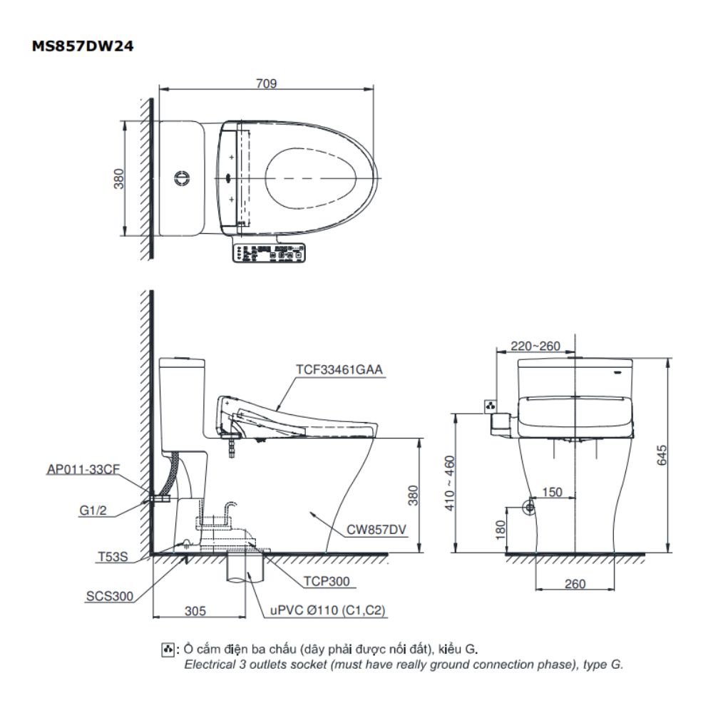 Bồn cầu TOTO MS857DW24 1 khối nắp điện tử Washlet S2 TCF33461GAA