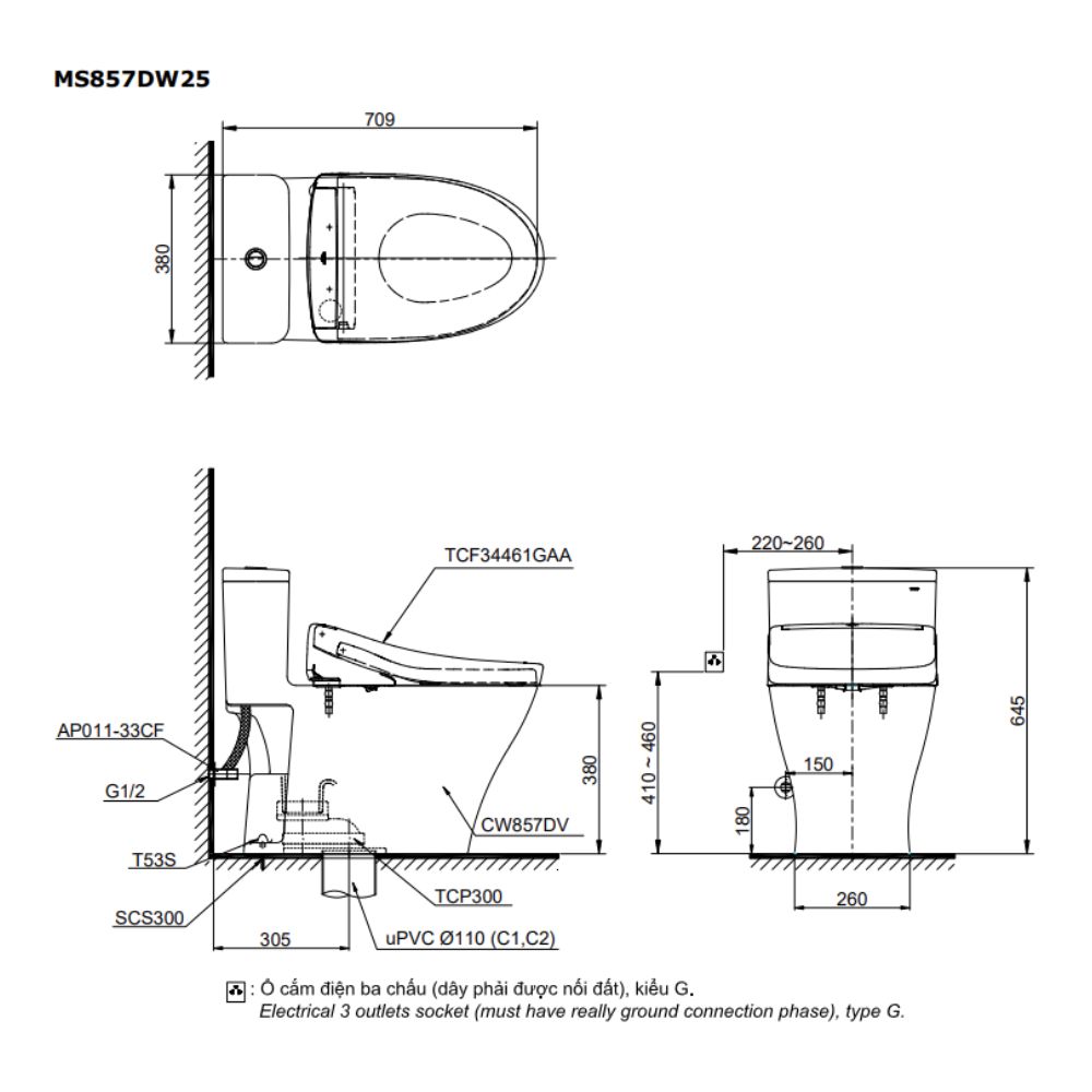 Bồn cầu TOTO MS857DW25 1 khối nắp điện tử Washlet S5 TCF34461GAA