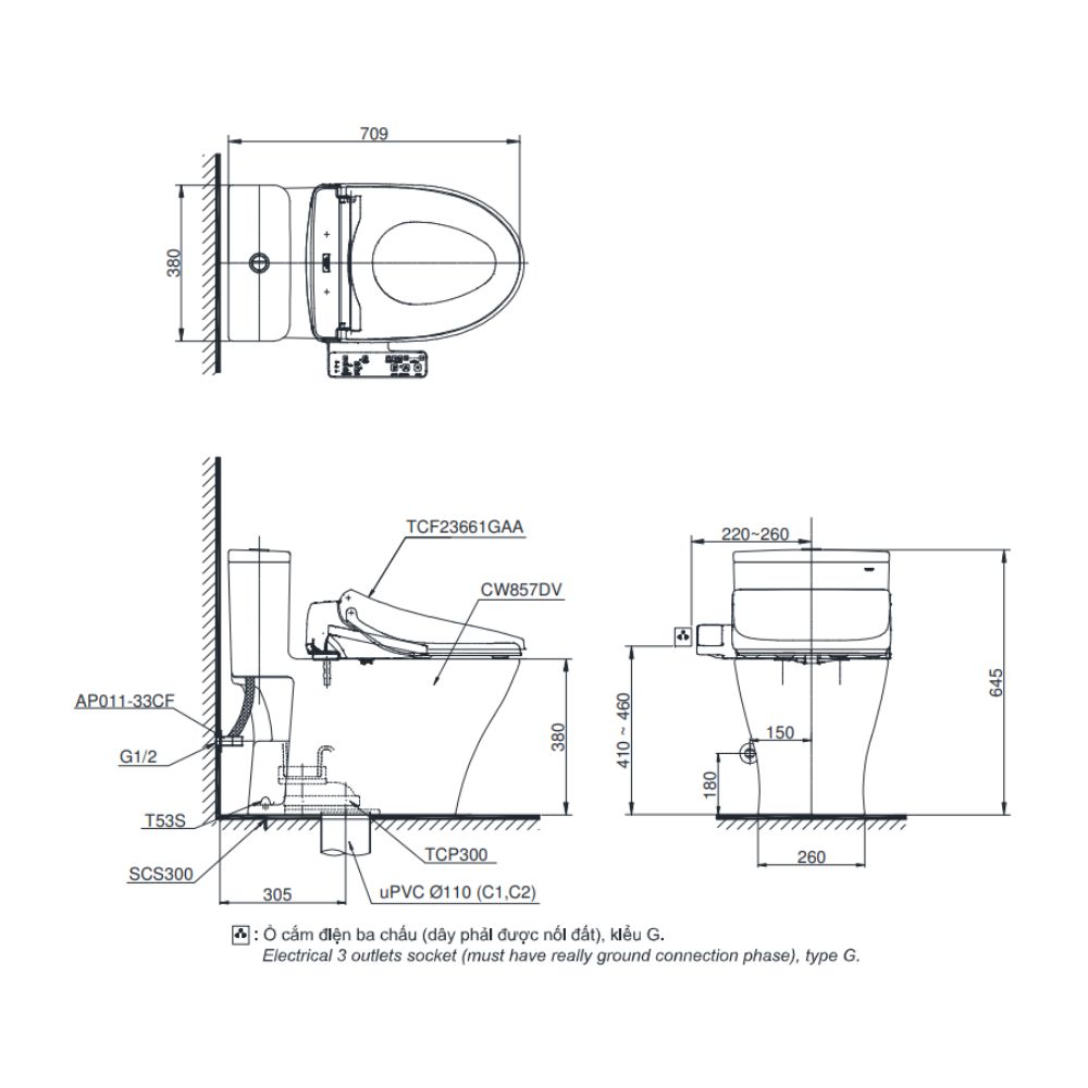Bồn cầu TOTO MS857DW26 1 khối nắp điện tử Washlet S1 TCF23661GAA