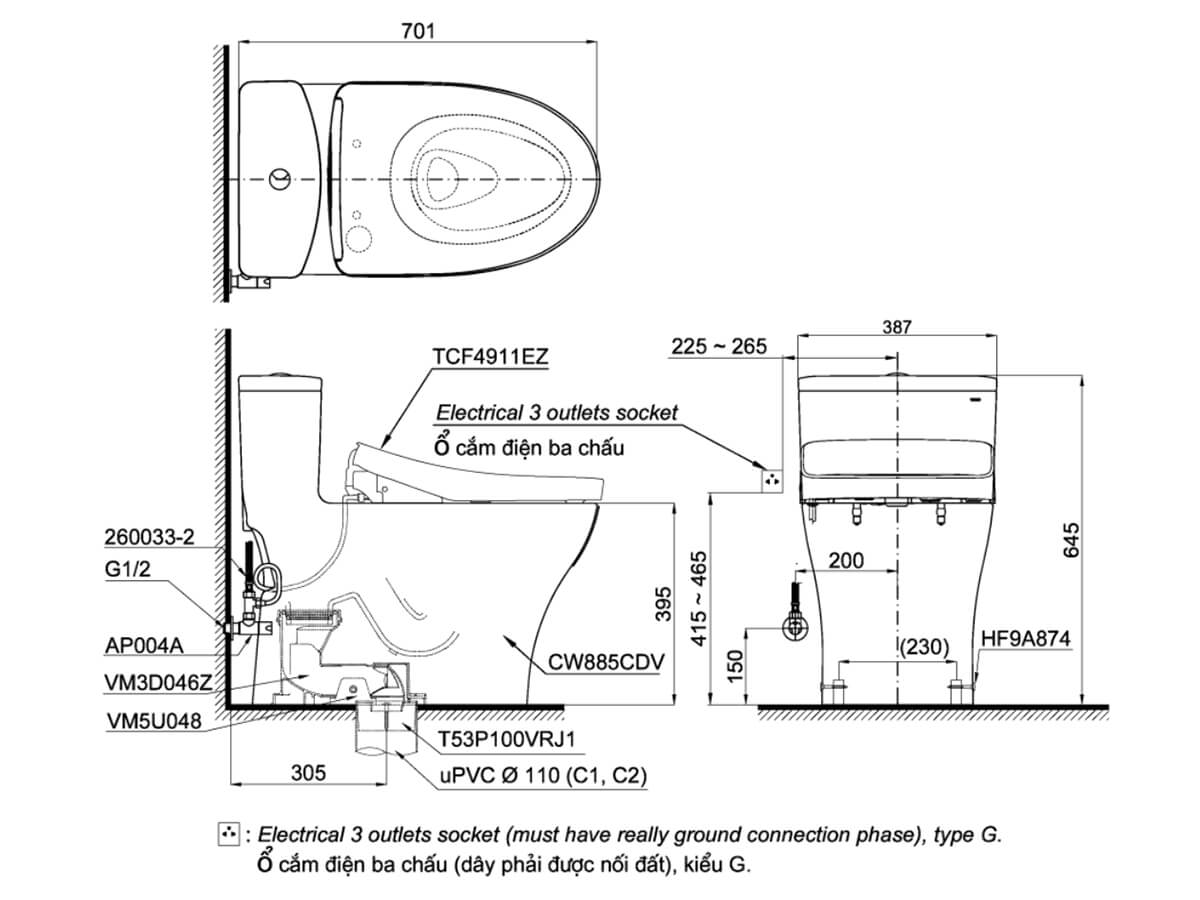 Bồn cầu TOTO MS885CDW12 1 khối nắp điện tử Washlet S7 TCF4911EZ giấu dây
