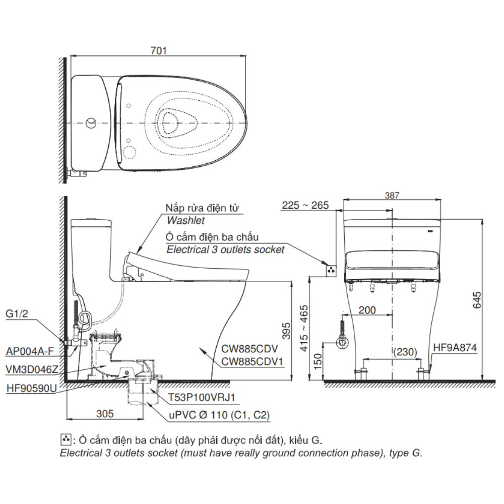 Bồn cầu TOTO MS885CDW24 1 khối nắp điện tử Washlet S2 TCF33461GAA giấu dây