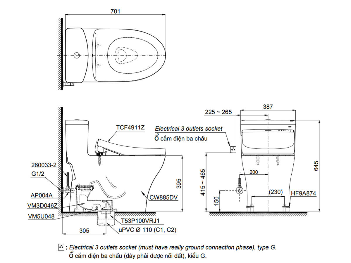 Bồn cầu TOTO MS885DW11 1 khối nắp điện tử Washlet S7 TCF4911Z