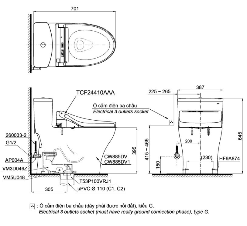 Bồn cầu TOTO MS885DW14 1 khối nắp điện tử Washlet C5 TCF24410AAA