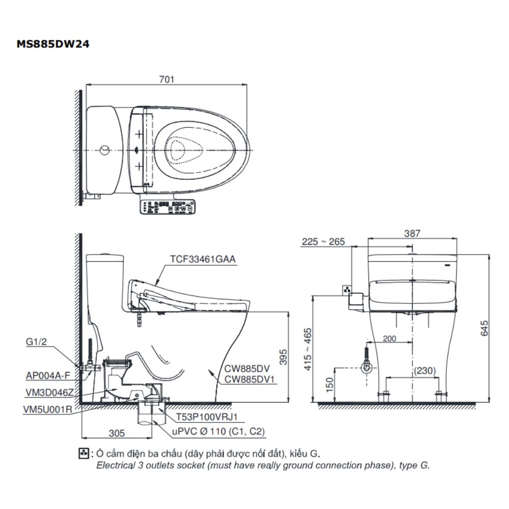 Bồn cầu TOTO MS885DW24 1 khối nắp điện tử Washlet S2 TCF33461GAA
