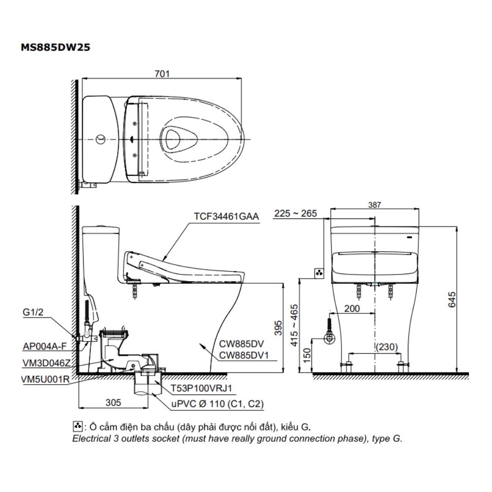 Bồn cầu TOTO MS885DW25 1 khối nắp điện tử Washlet S5 TCF34461GAA