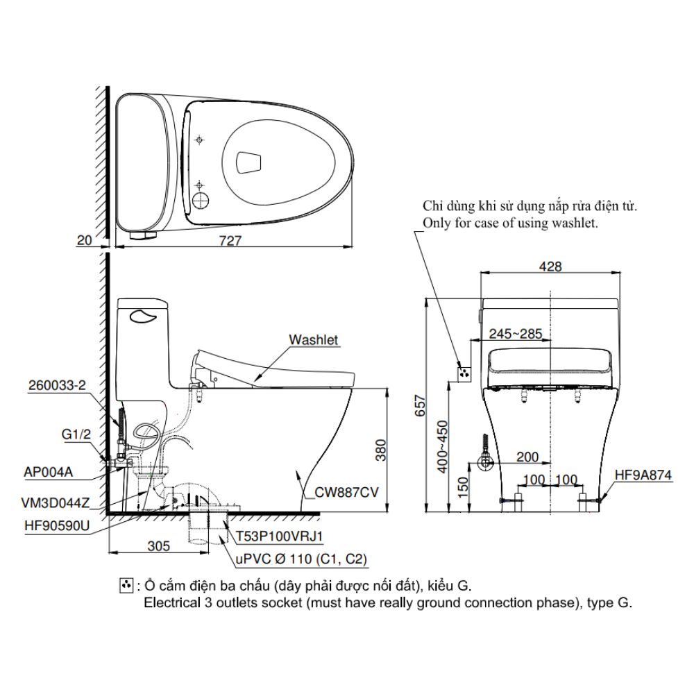 Bồn cầu TOTO MS887CRW25 1 khối nắp điện tử Washlet S5 TCF34461GAA giấu dây