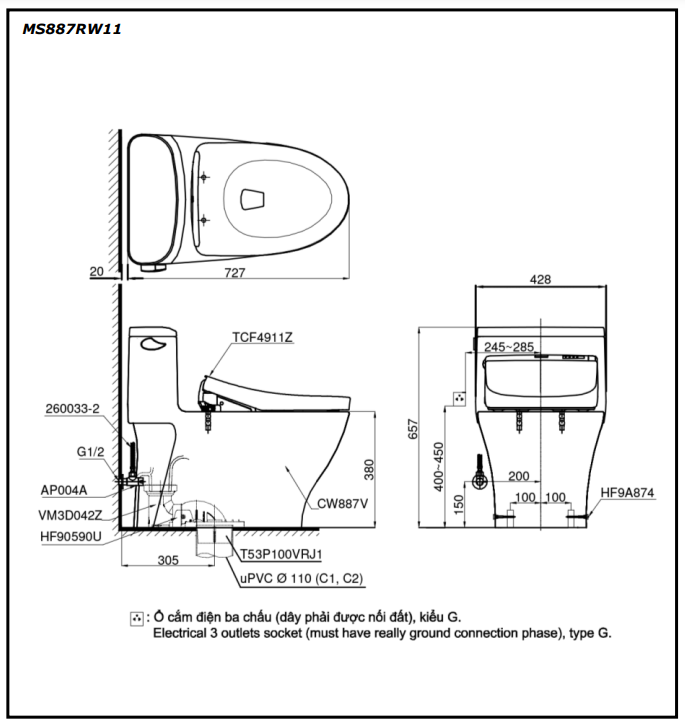 Bồn cầu TOTO MS887RW11 1 khối nắp điện tử Washlet S7 TCF4911Z