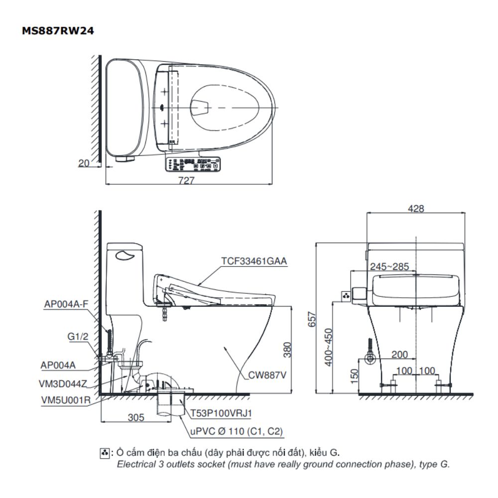 Bồn cầu TOTO MS887RW24 1 khối nắp điện tử Washlet S2 TCF33461GAA
