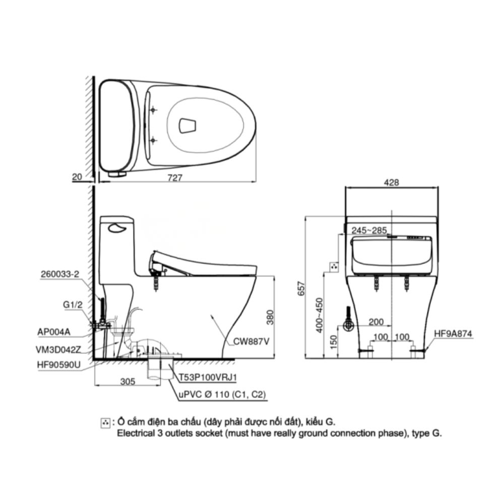 Bồn cầu TOTO MS887RW25 1 khối nắp điện tử Washlet S5 TCF34461GAA