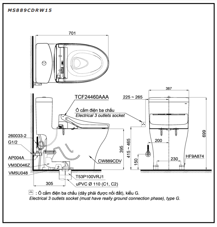 Bồn cầu TOTO MS889CDRW15 1 khối nắp điện tử Washlet C5 TCF24460AAA giấu dây