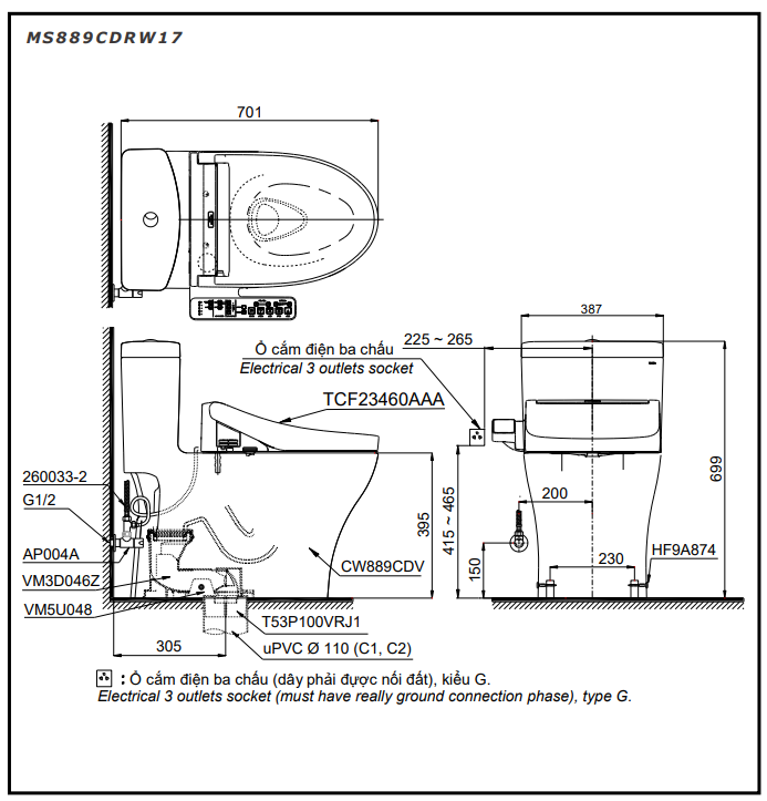 Bồn cầu TOTO MS889CDRW17 1 khối nắp điện tử Washlet C2 TCF23460AAA giấu dây