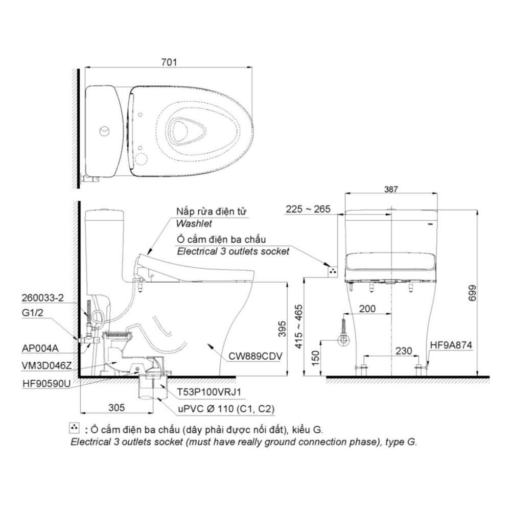 Bồn cầu TOTO MS889CDRW25 1 khối nắp điện tử Washlet S5 TCF34461GAA giấu dây