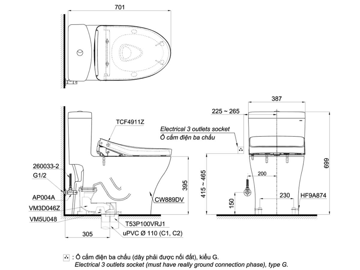 Bồn cầu TOTO MS889DRW11 1 khối nắp điện tử Washlet S7 TCF4911Z