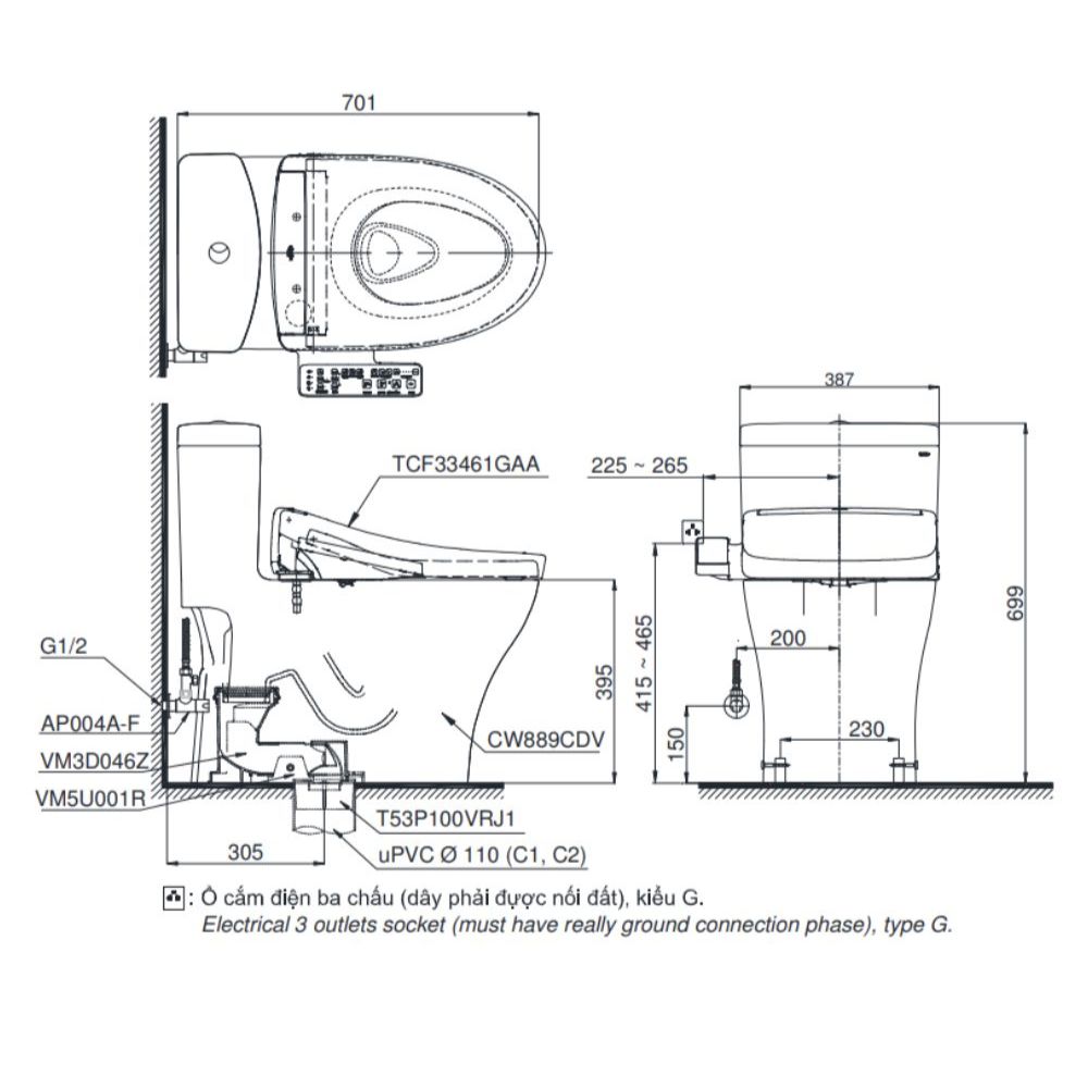 Bồn cầu TOTO MS889DRW24 1 khối nắp điện tử Washlet S2 TCF33461GAA