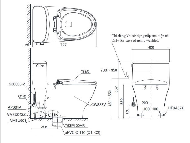 Bồn cầu nắp rửa điện tử TOTO 1 khối MS887RW7