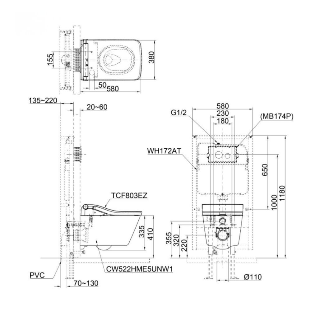 Bồn cầu treo tường điện tử SW (giấu dây) TOTO CW522EA/TCF803EZ/WH172AT/MB171M#SS