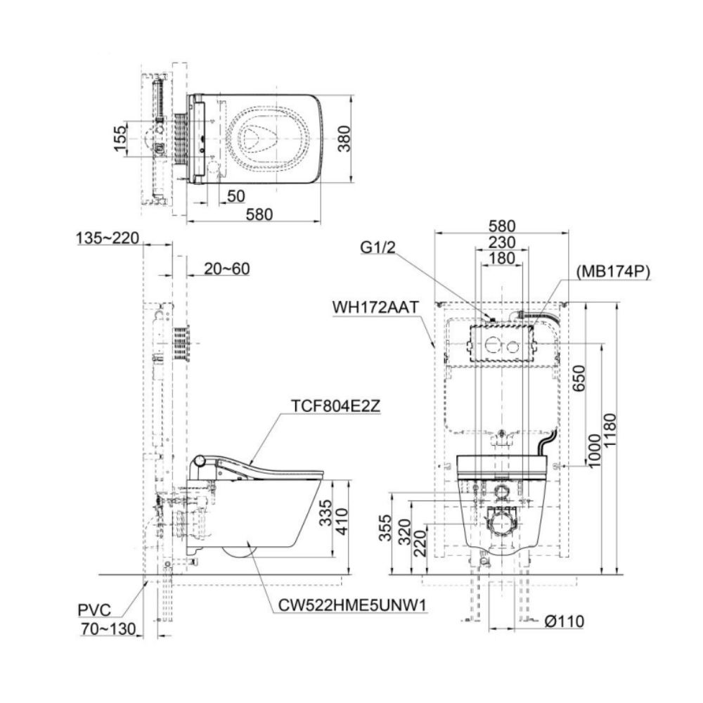 Bồn cầu treo tường điện tử SW (giấu dây) xả tự động TOTO CW522EA/TCF804E2Z/WH172AAT/MB171M#SS