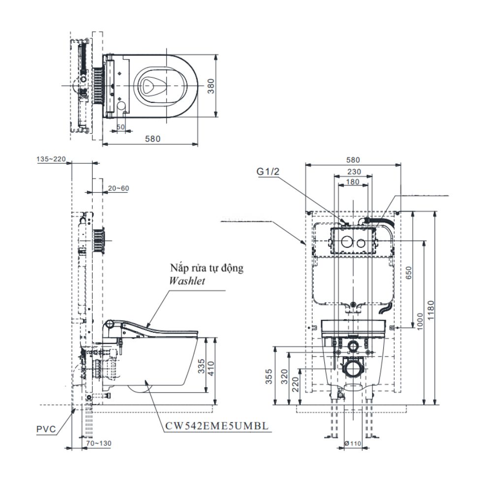 Bồn cầu treo tường điện tử RW (giấu dây) TOTO CW542EME5UMBL/TCF801EBZ#MBL/WH172AT/MB175M#B