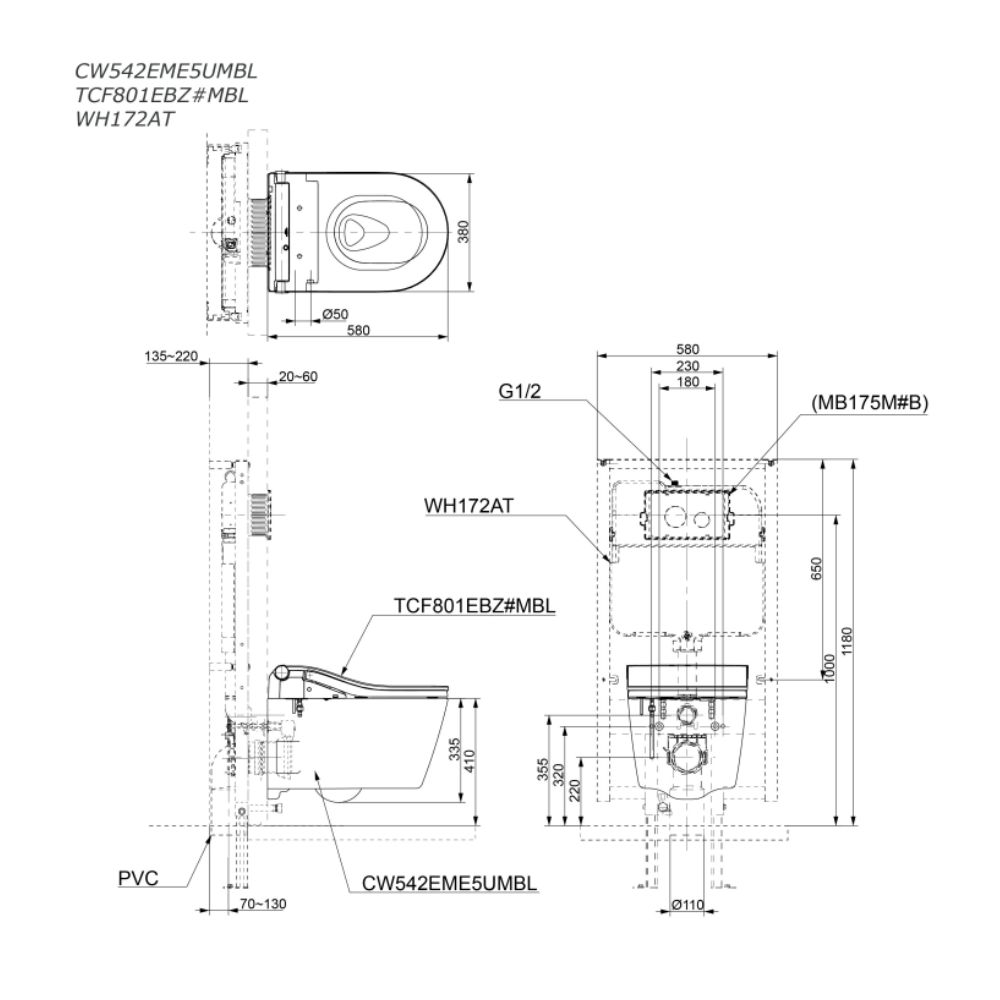 Bồn cầu treo tường điện tử RW (giấu dây) TOTO CW542EME5UMBL TCF801EBZ WH172AT MB175M