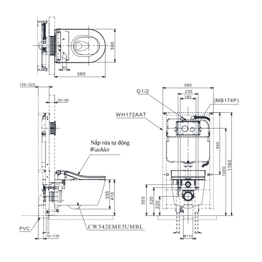 Bồn cầu treo tường điện tử RW (giấu dây) xả tự động TOTO CW542EME5UMBL/TCF802EBZ#MBL/WH172AAT/MB175M#B