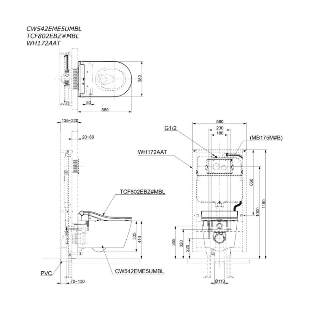 Bồn cầu treo tường điện tử RW (giấu dây) xả tự động TOTO CW542EME5UMBL TCF802EBZ WH172AAT MB175M