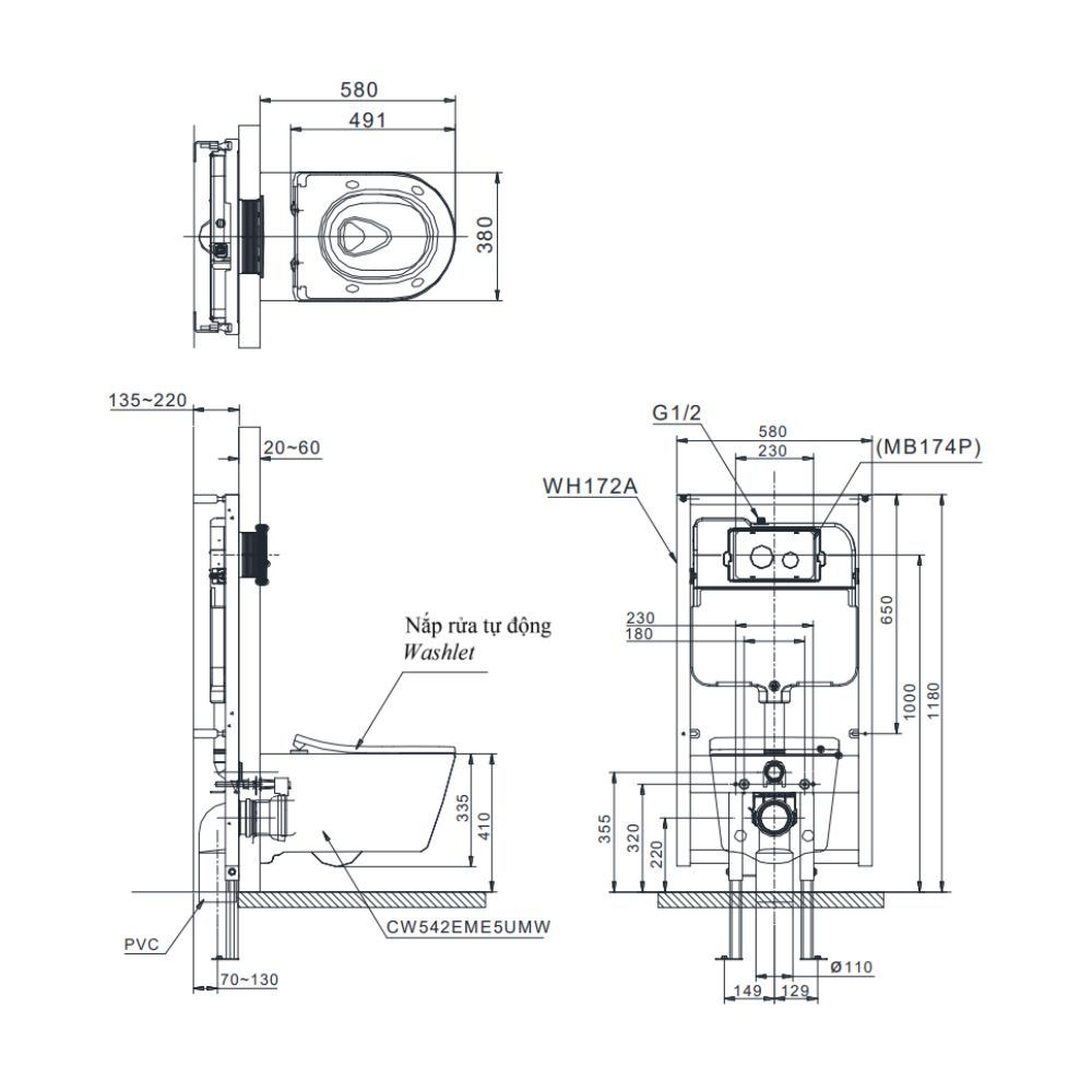 Bồn cầu treo tường điện tử RW (giấu dây) TOTO CW542EME5UMW/TCF801ECZ#MW/WH172AT/MB175M#W