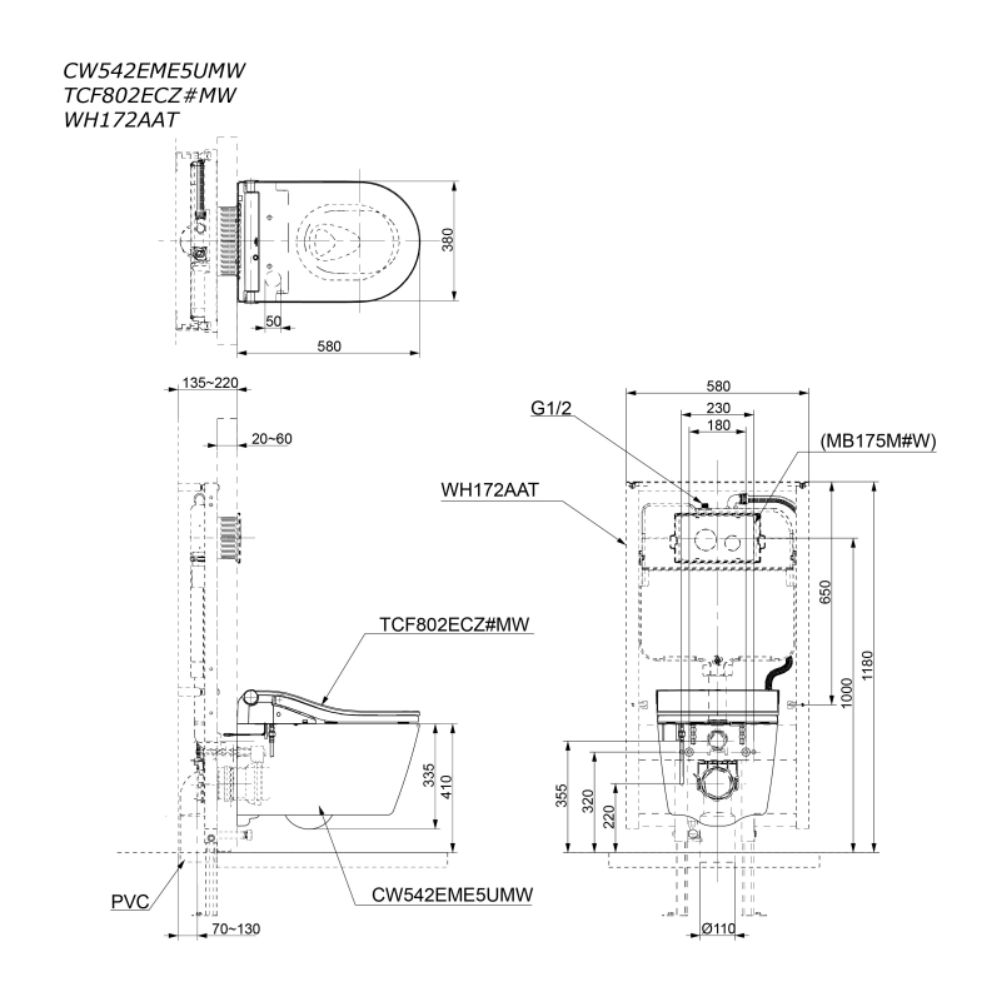 Bồn cầu treo tường điện tử RW (giấu dây) xả tự động TOTO CW542EME5UMW TCF802EBZ WH172AAT MB175M
