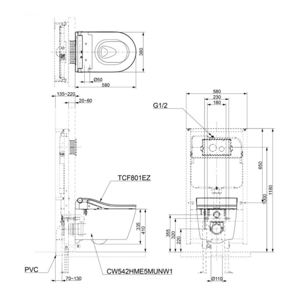 Bồn cầu treo tường điện tử RW (giấu dây) TOTO CW542HME5U/TCF801EZ/WH172AT/MB175M#SS