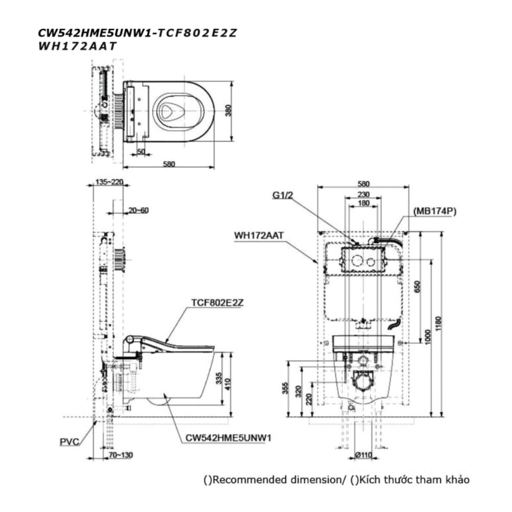 Bồn cầu treo tường điện tử RW (giấu dây) xả tự động TOTO CW542HME5U/TCF802E2Z/WH172AAT/MB175M#SS