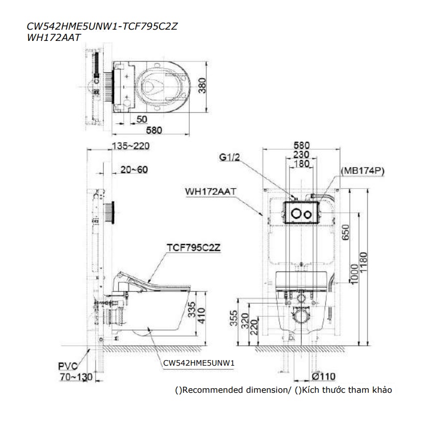 Bồn cầu treo tường điện tử RX (giấu dây) xả tự động TOTO CW542HME5U TCF795C2Z WH172AAT MB175M