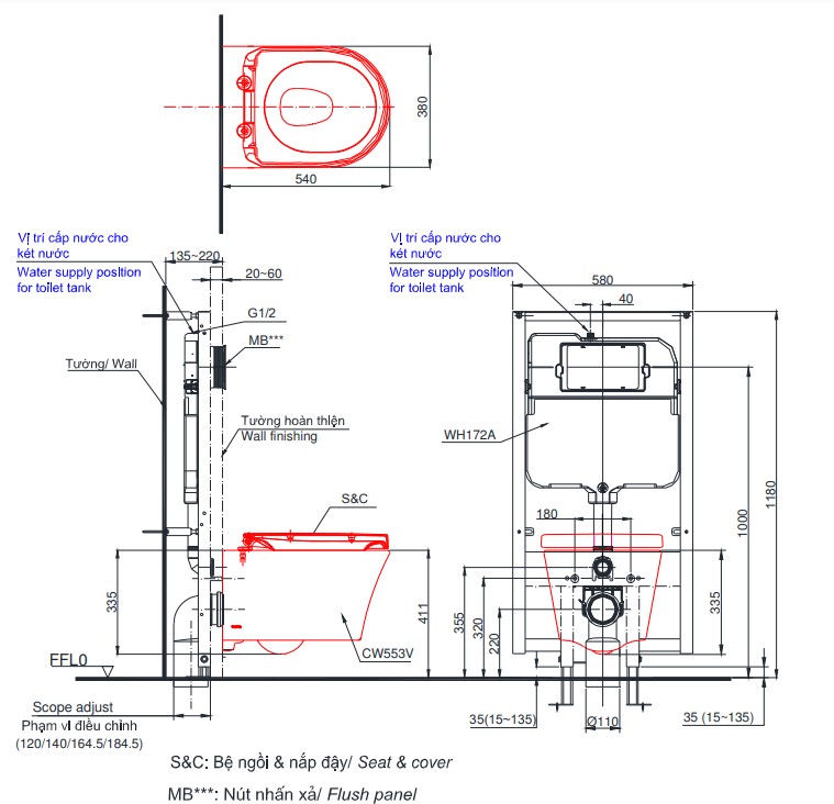 Bản vẽ kỹ thuật bồn cầu treo tường nắp điện tử TOTO CW553/TCF33320GAA//WH172A