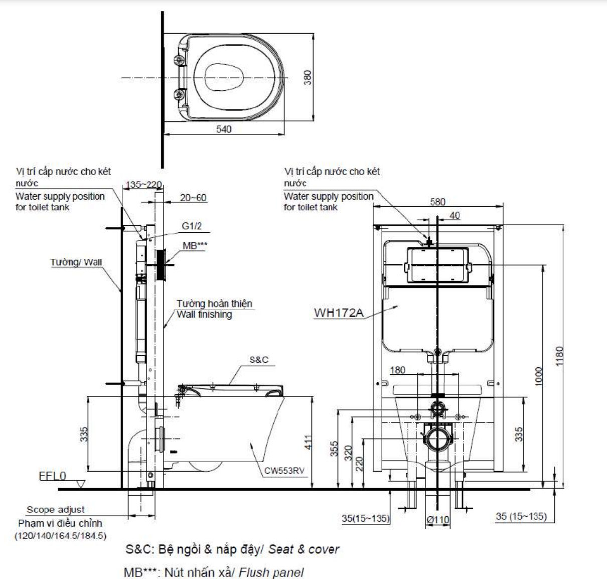 Bản vẽ kỹ thuật bồn cầu treo tường nắp điện tử TOTO CW553/TC384CVK/WH172A