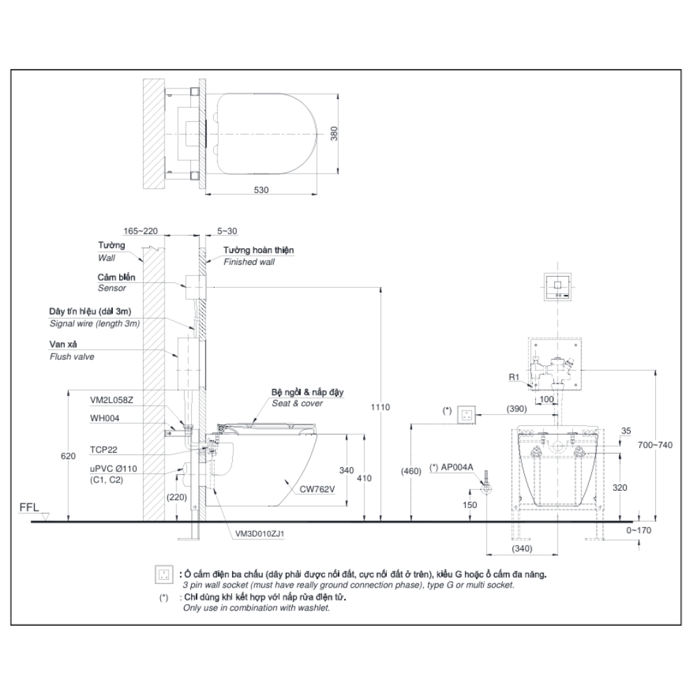 Bồn cầu treo tường kết hợp van xả tự động TOTO CW762A TC384CVK WH004 DCE602UE